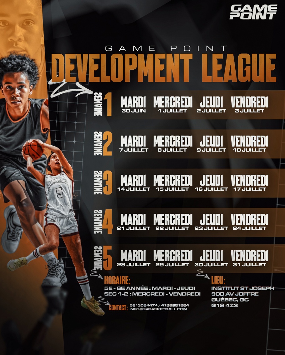 Affiche — Game Point Development League 2026 : calendrier des 5 semaines, du 30 juin au 31 juillet, Institut St-Joseph